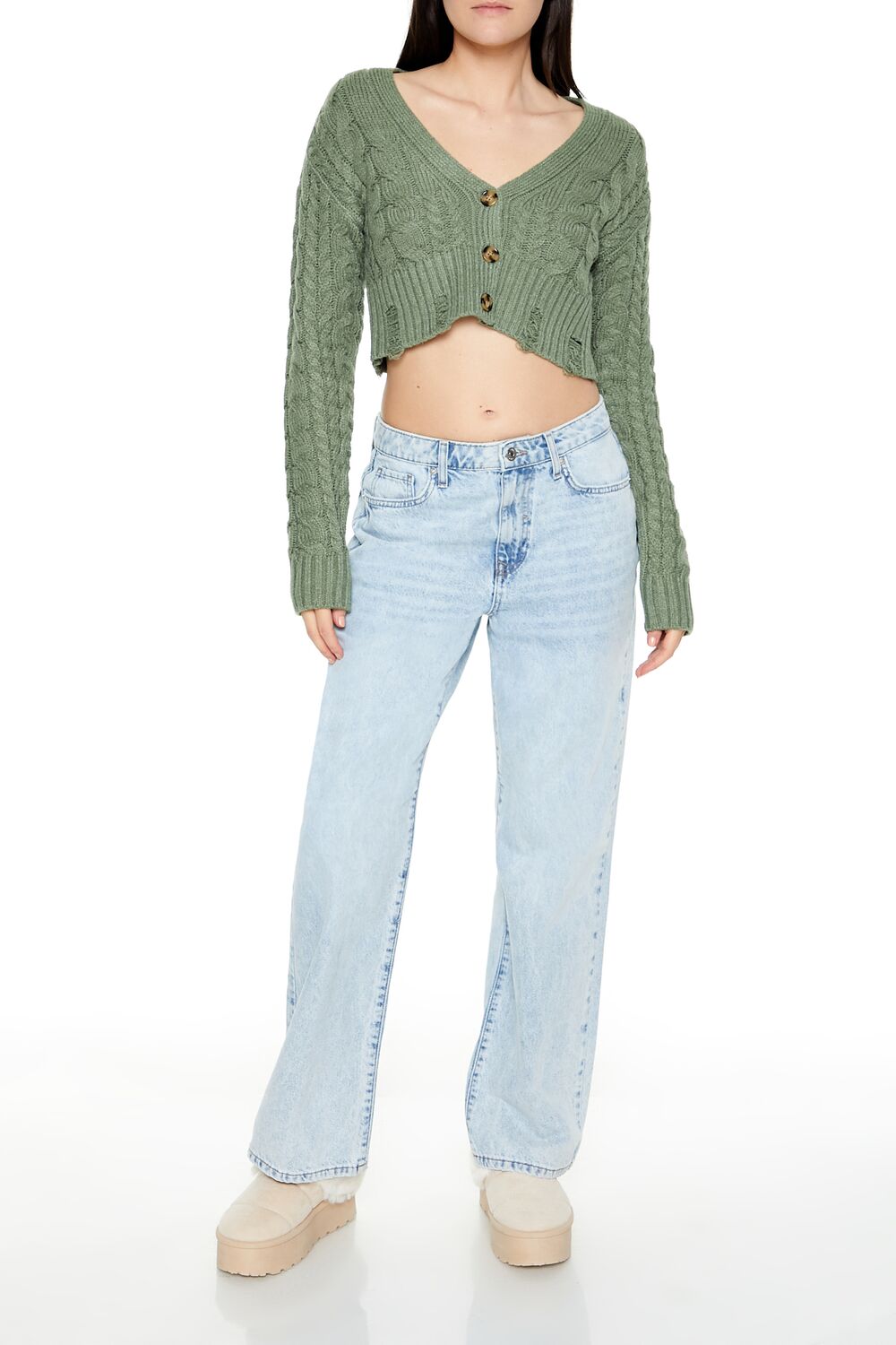  Forever 21 Cable Knit Cropped Cardigan Sweater - black - Bonton