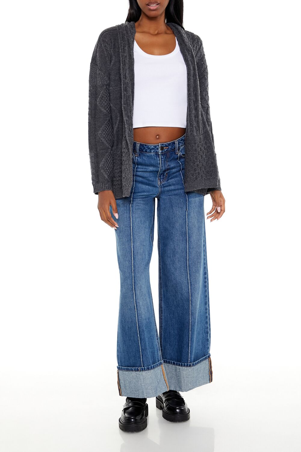  Forever 21 Mixed Knit Cardigan Sweater - charcoal - Bonton