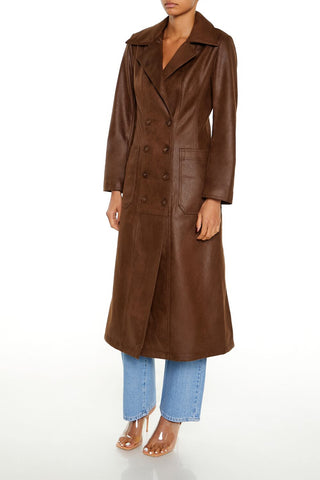 Notched Faux Suede Trench Coat