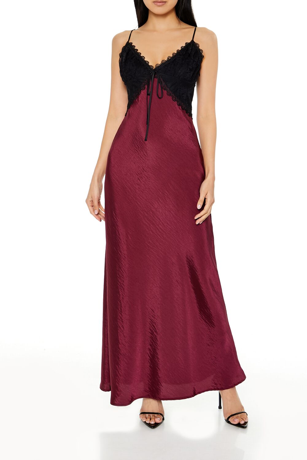  Forever 21 Two-Tone Maxi Slip Dress - burgundy-black - Bonton