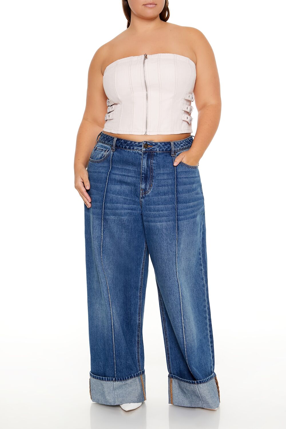  Forever 21 Plus Size Denim Zip-Up Tube Top - seashell pink - Bonton