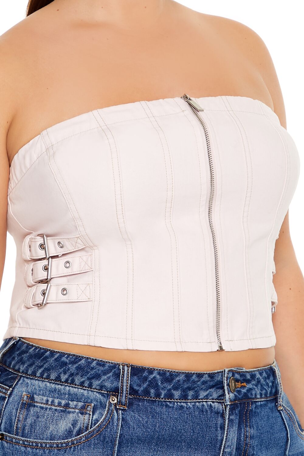  Forever 21 Plus Size Denim Zip-Up Tube Top - seashell pink - Bonton