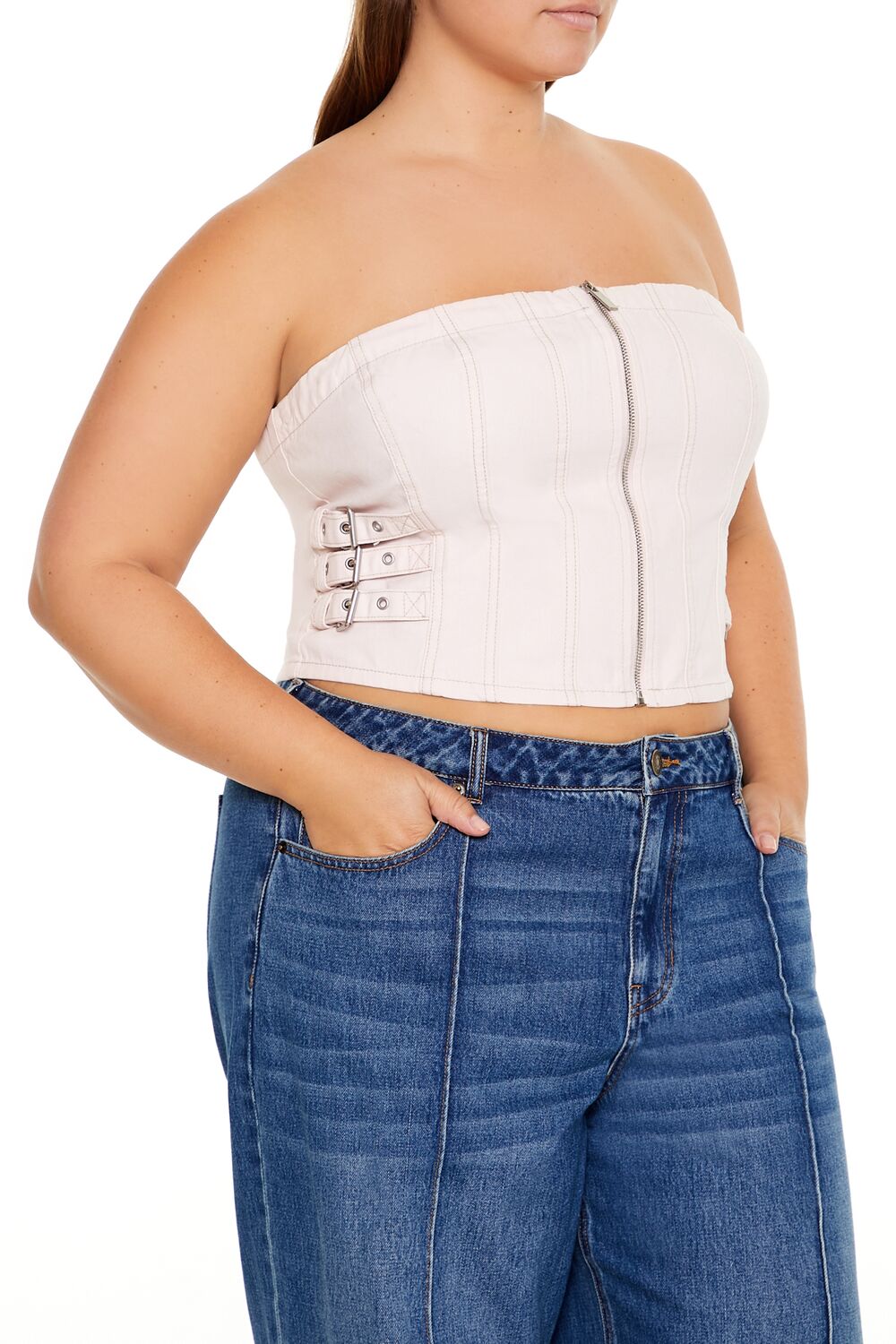  Forever 21 Plus Size Denim Zip-Up Tube Top - seashell pink - Bonton