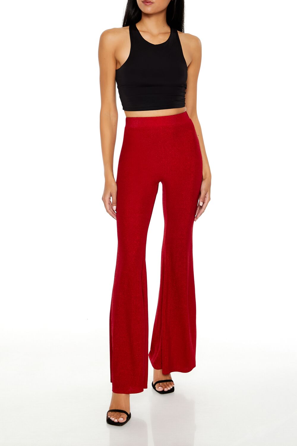  Forever 21 Glitter High-Rise Flare Pants - champagne - Bonton