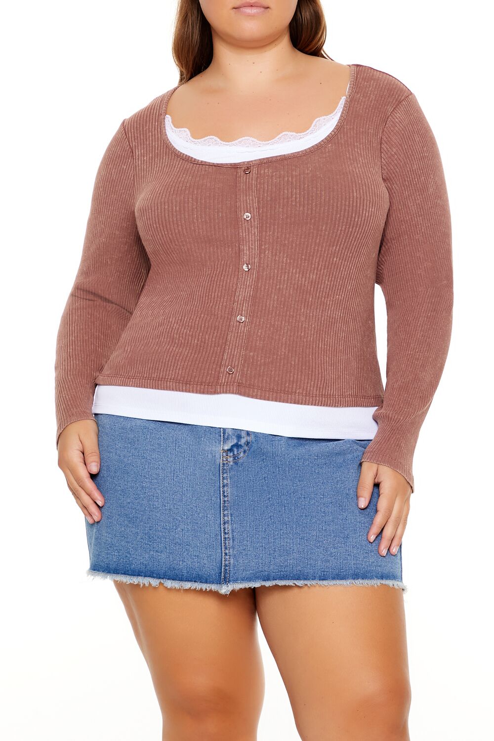  Forever 21 Plus Size Ribbed Henley Top - brown white - Bonton