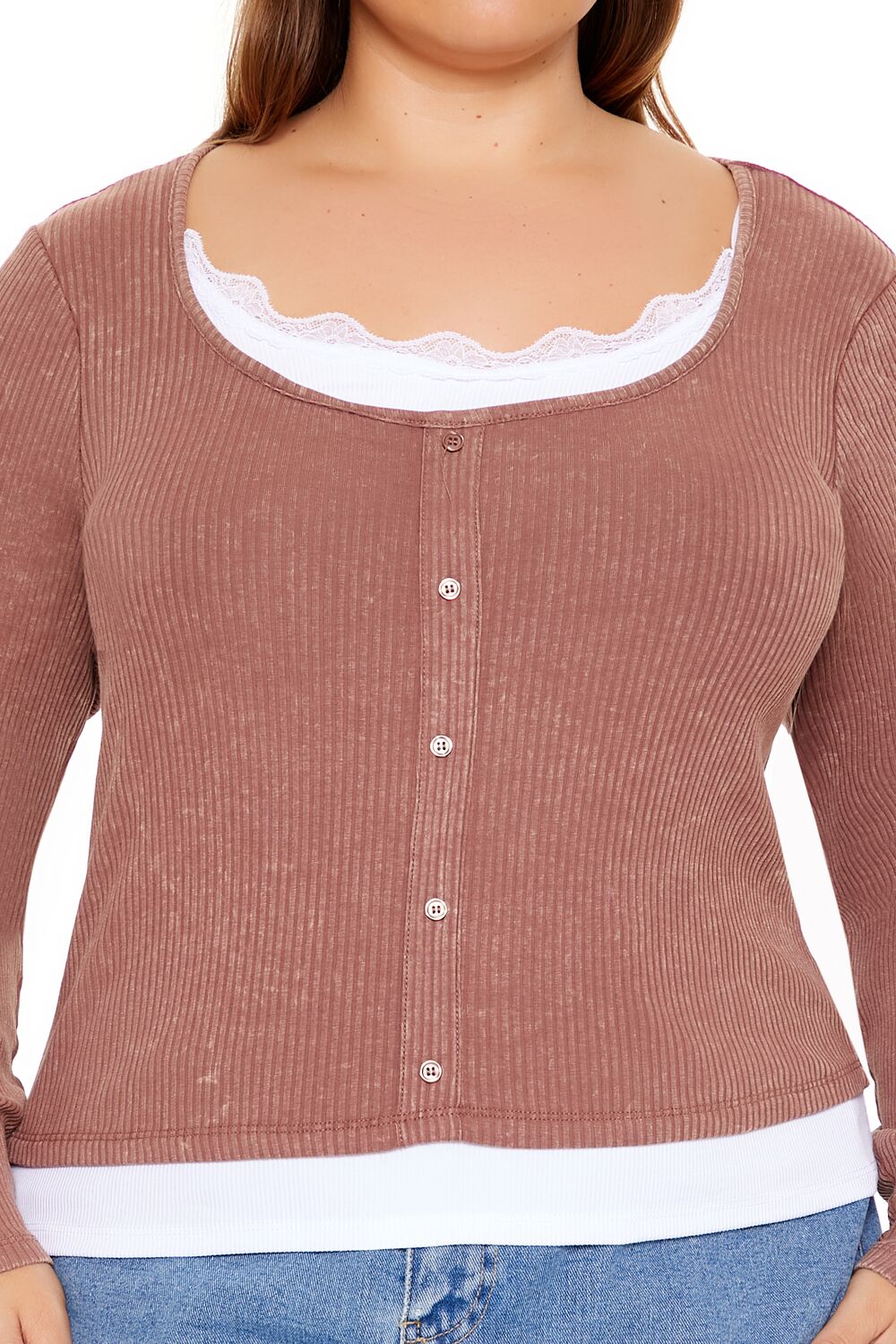  Forever 21 Plus Size Ribbed Henley Top - brown white - Bonton