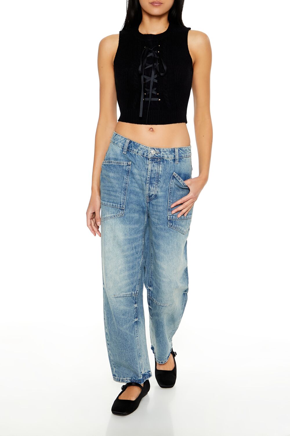  Forever 21 Sweater-Knit Lace-Up Crop Top - black - Bonton