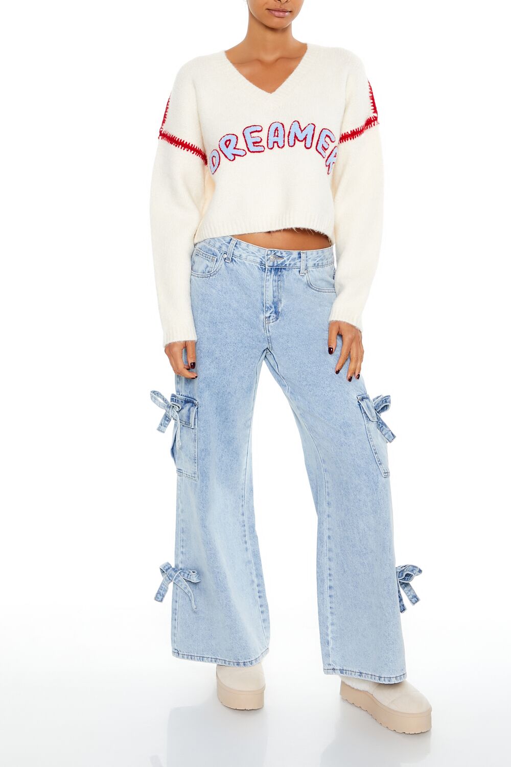  Forever 21 Dreamer Patch Fuzzy Knit Sweater - cream multi - Bonton