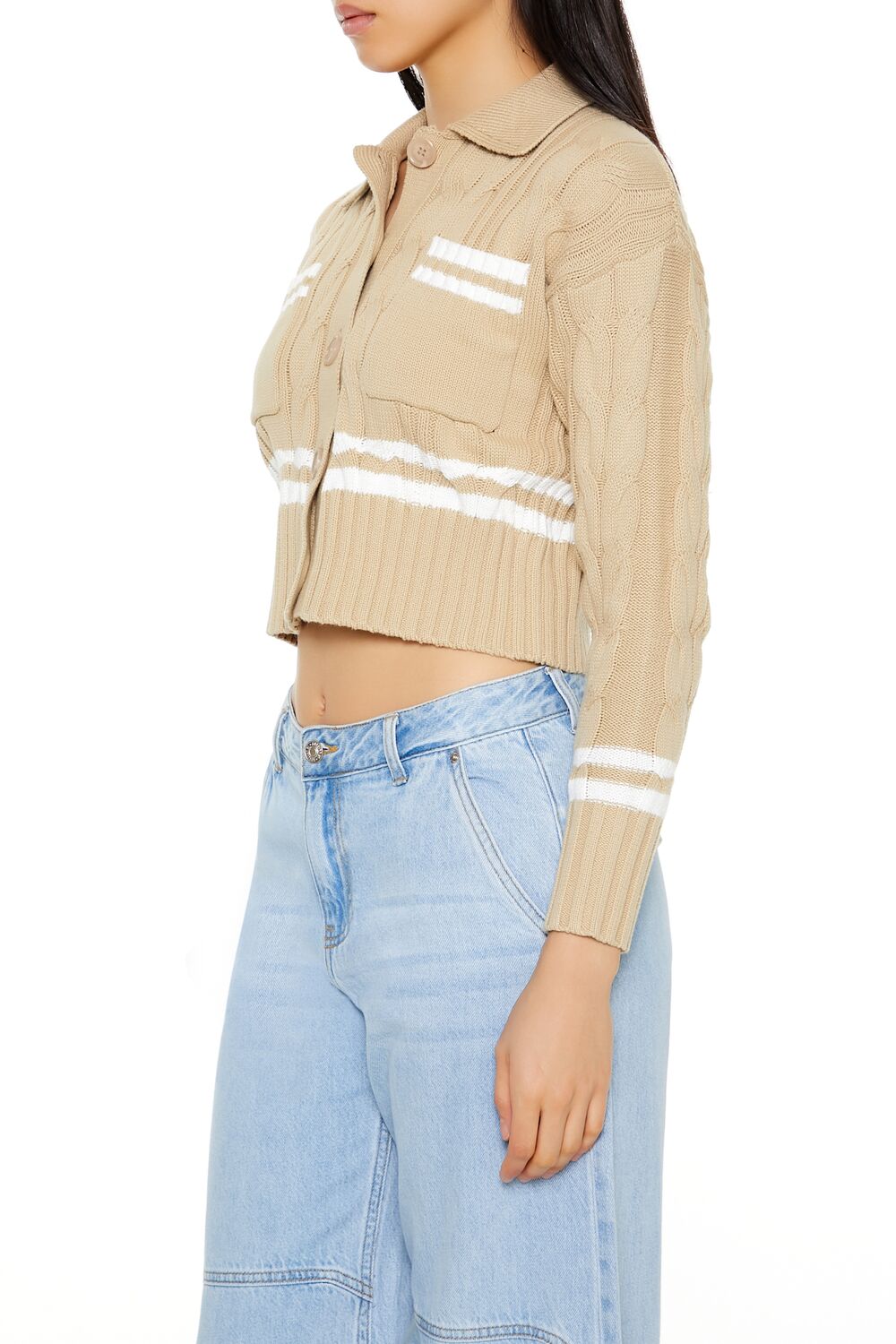  Forever 21 Varsity-Striped Cardigan Sweater - desert sand white - Bonton
