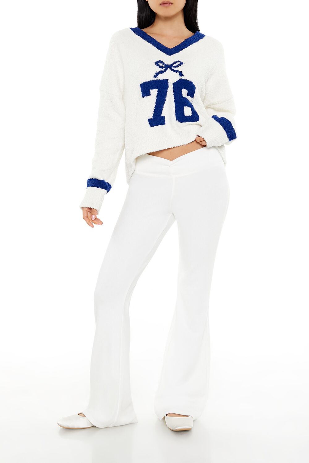  Forever 21 Bow 76 Fuzzy Knit Sweater - white blue - Bonton