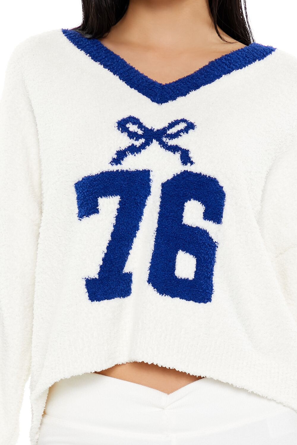 Forever 21 Bow 76 Fuzzy Knit Sweater - white blue - Bonton