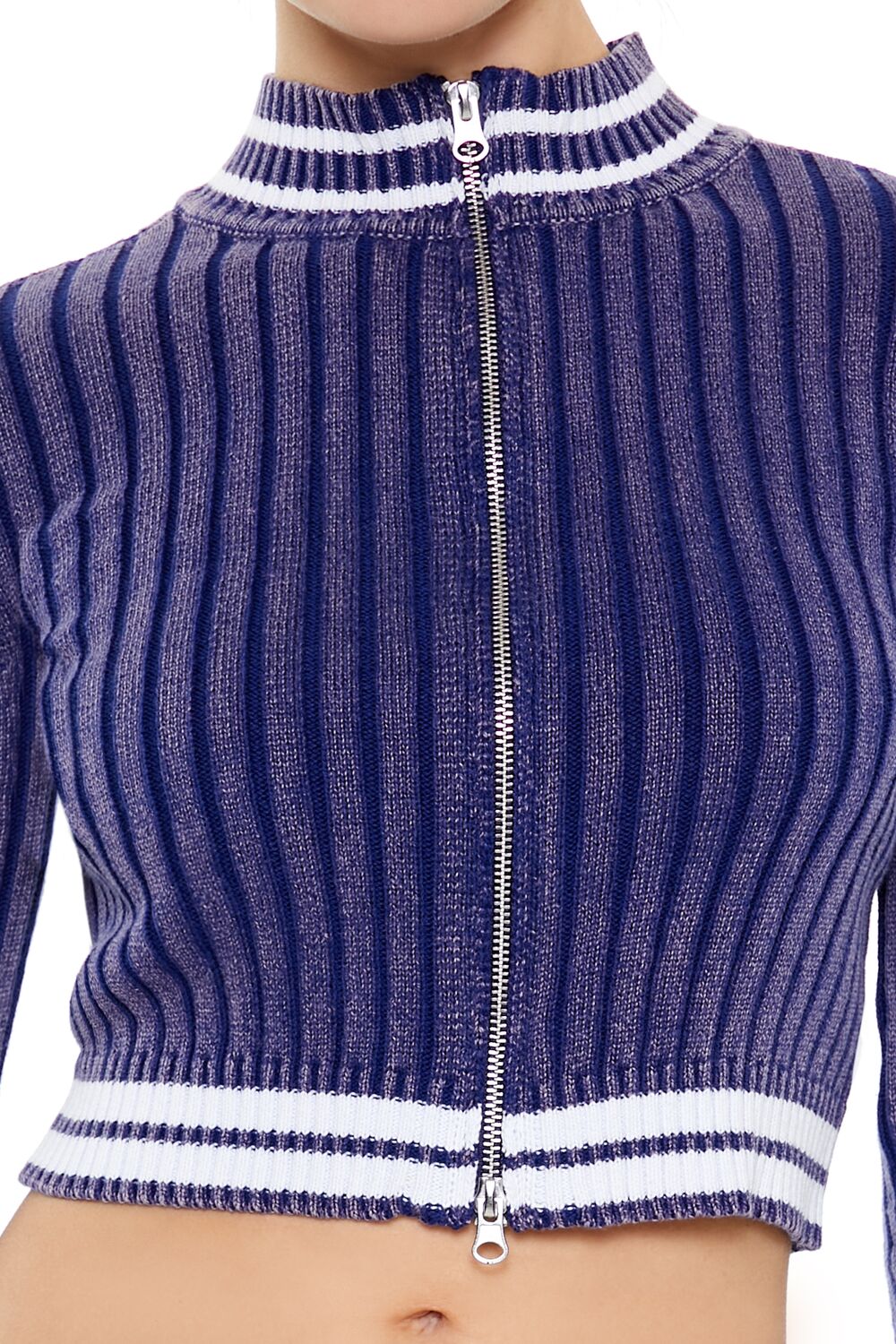  Forever 21 Varsity-Striped Zip-Up Sweater - colony blue white - Bonton