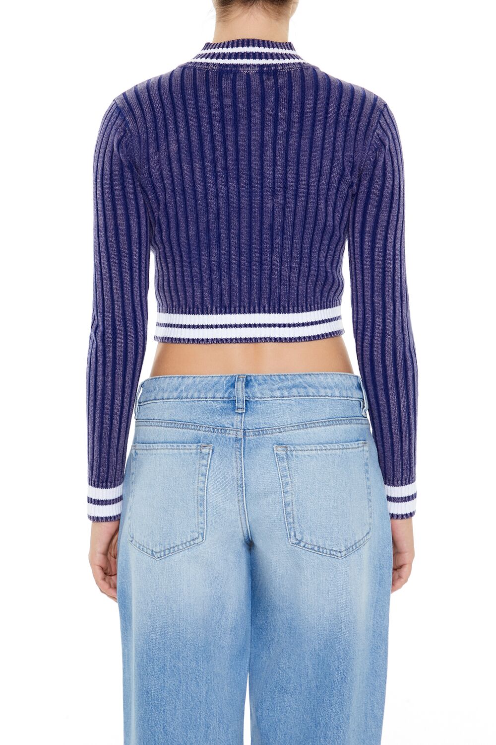  Forever 21 Varsity-Striped Zip-Up Sweater - colony blue white - Bonton