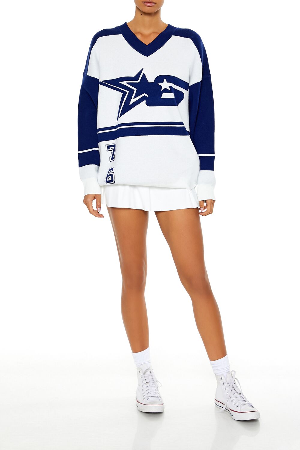  Forever 21 Colorblock Star 6 Sweater - white blue - Bonton