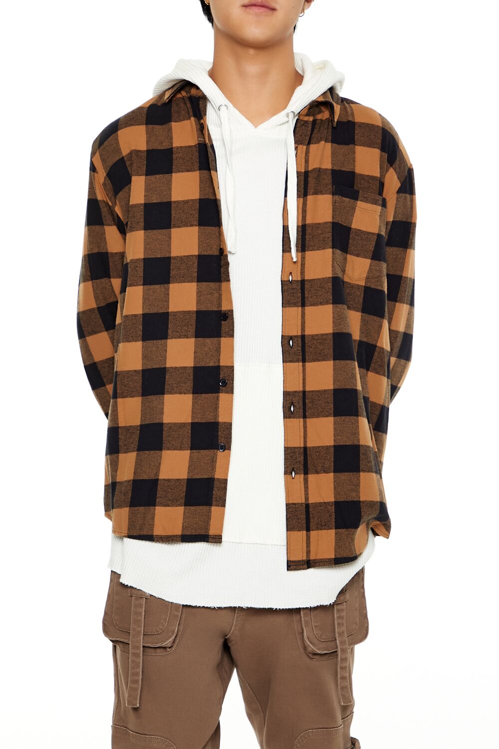  Forever 21 Plaid Curved-Hem Shirt - walnut black - Bonton