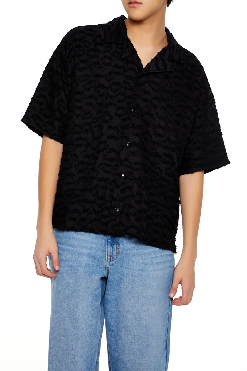  Forever 21 Frayed Jacquard Cuban Collar Shirt - black - Bonton