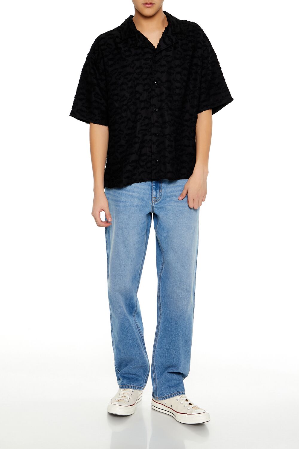  Forever 21 Frayed Jacquard Cuban Collar Shirt - black - Bonton