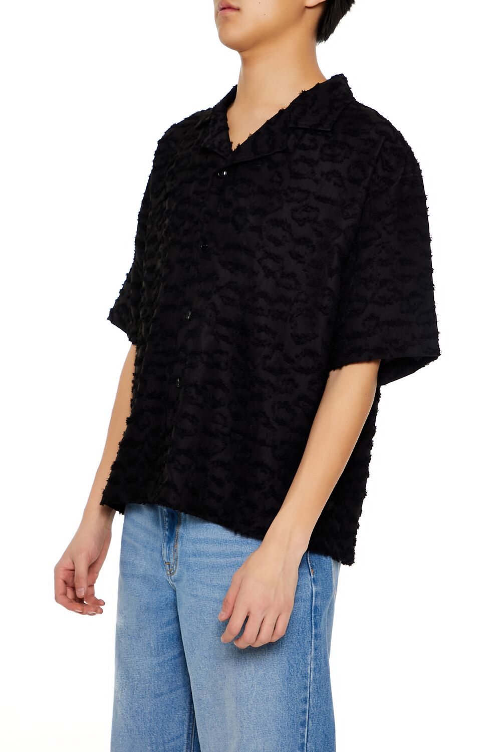  Forever 21 Frayed Jacquard Cuban Collar Shirt - black - Bonton