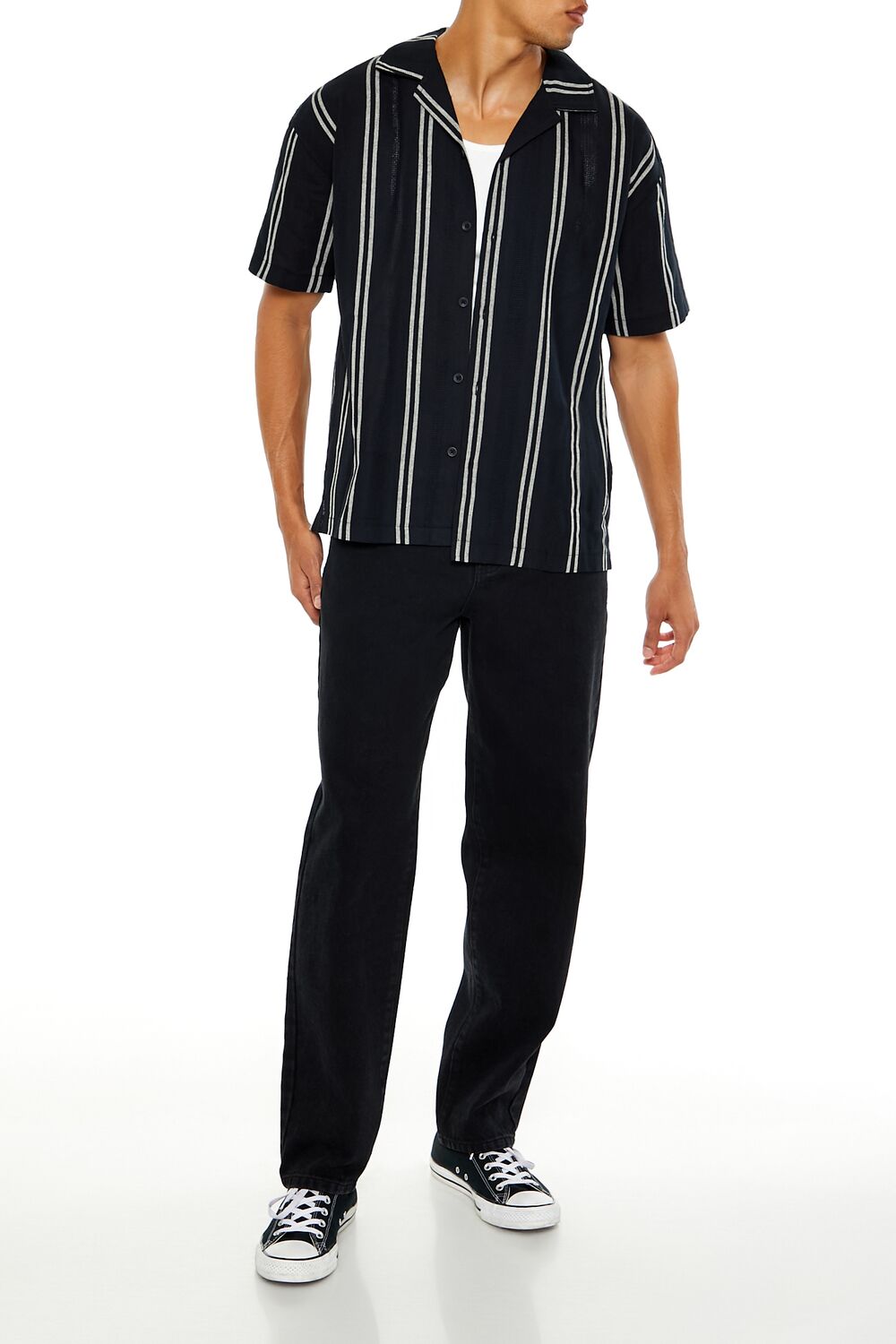  Forever 21 Textured Striped Shirt - black cream - Bonton
