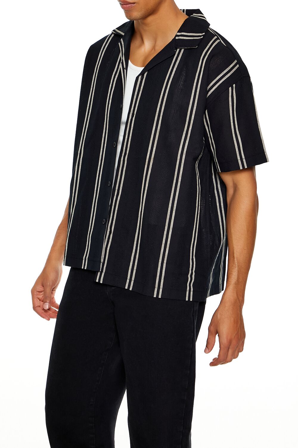  Forever 21 Textured Striped Shirt - black cream - Bonton
