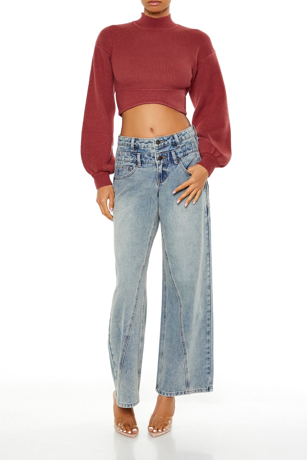  Forever 21 Mock Neck Cropped Sweater - cream - Bonton