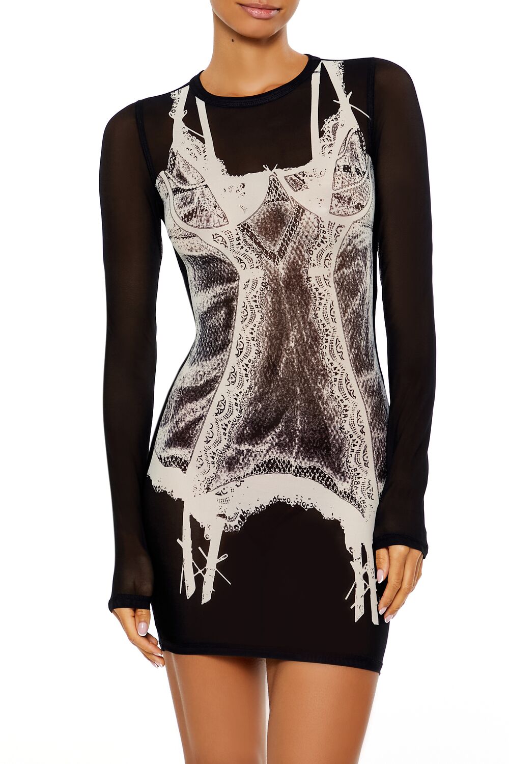  Forever 21 Mesh Garter Graphic Mini Dress - black-multi - Bonton