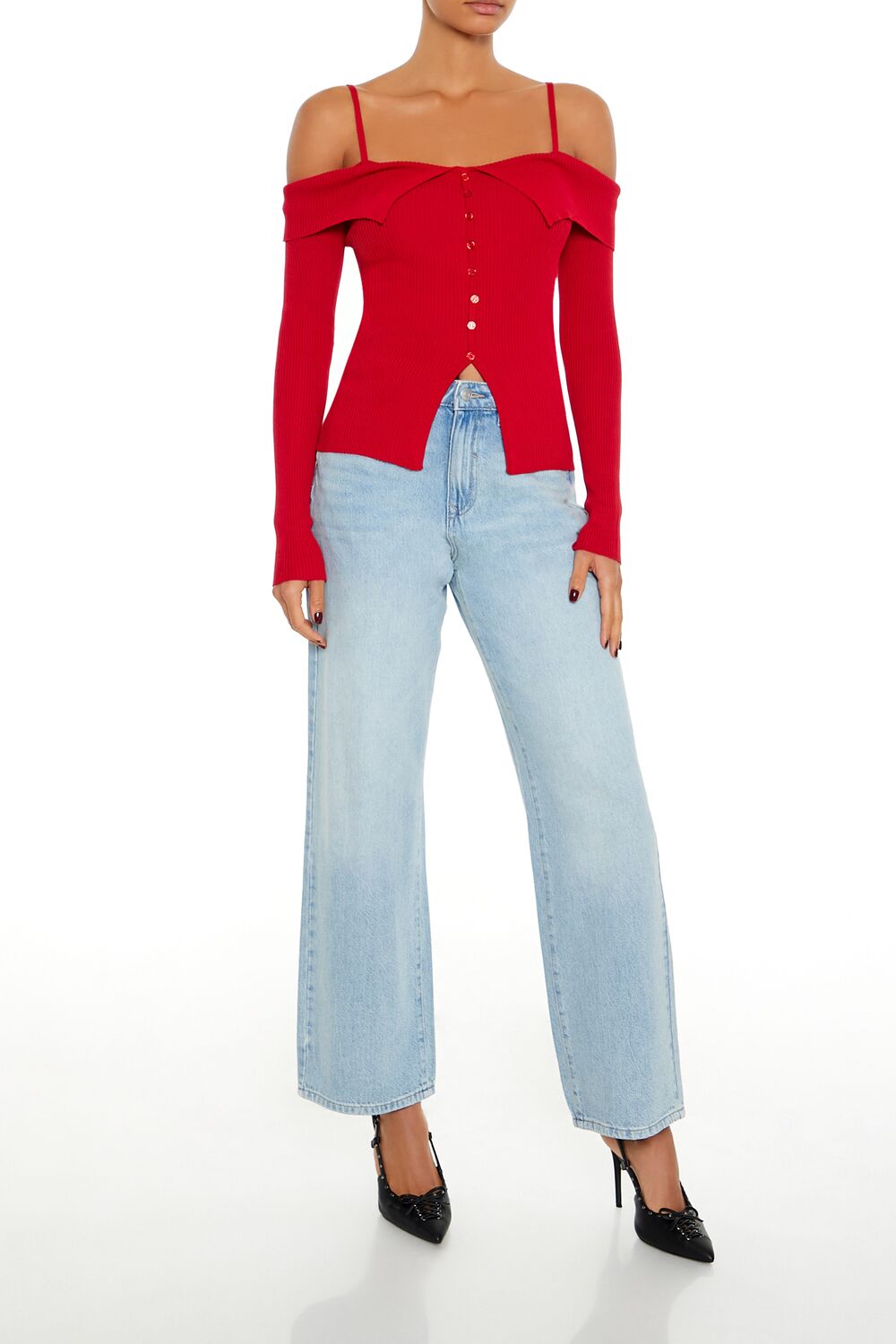  Forever 21 Open-Shoulder Sweater-Knit Top - red - Bonton