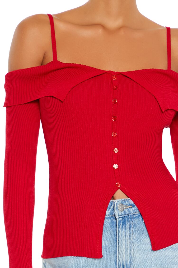  Forever 21 Open-Shoulder Sweater-Knit Top - red - Bonton