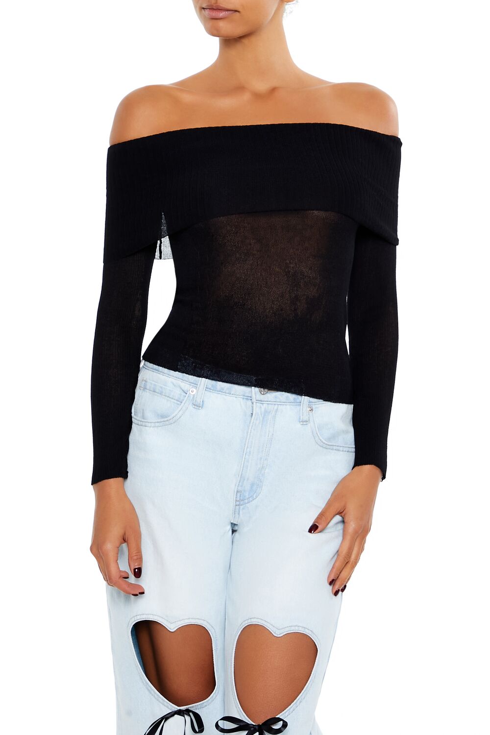  Forever 21 Foldover Off-the-Shoulder Sweater - pale green - Bonton