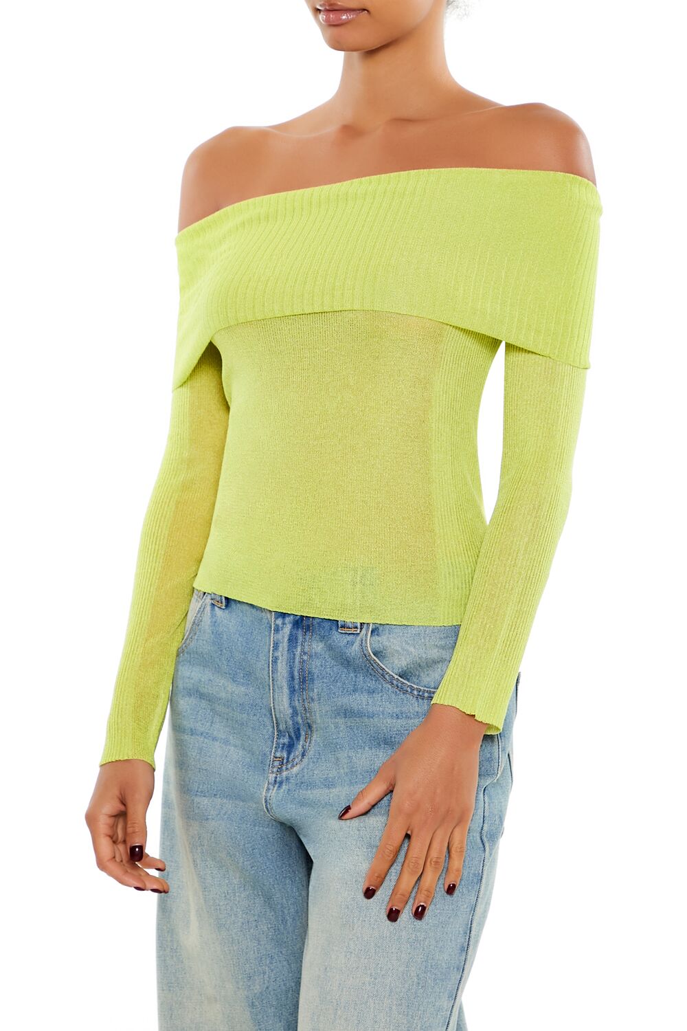  Forever 21 Foldover Off-the-Shoulder Sweater - pale green - Bonton