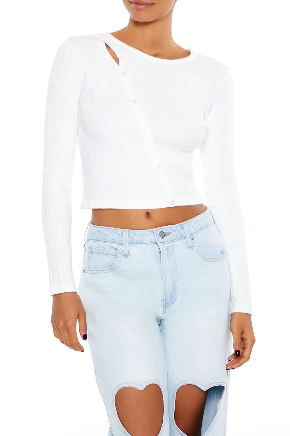 Forever 21 Cropped Button-Front Sweater - white - Bonton