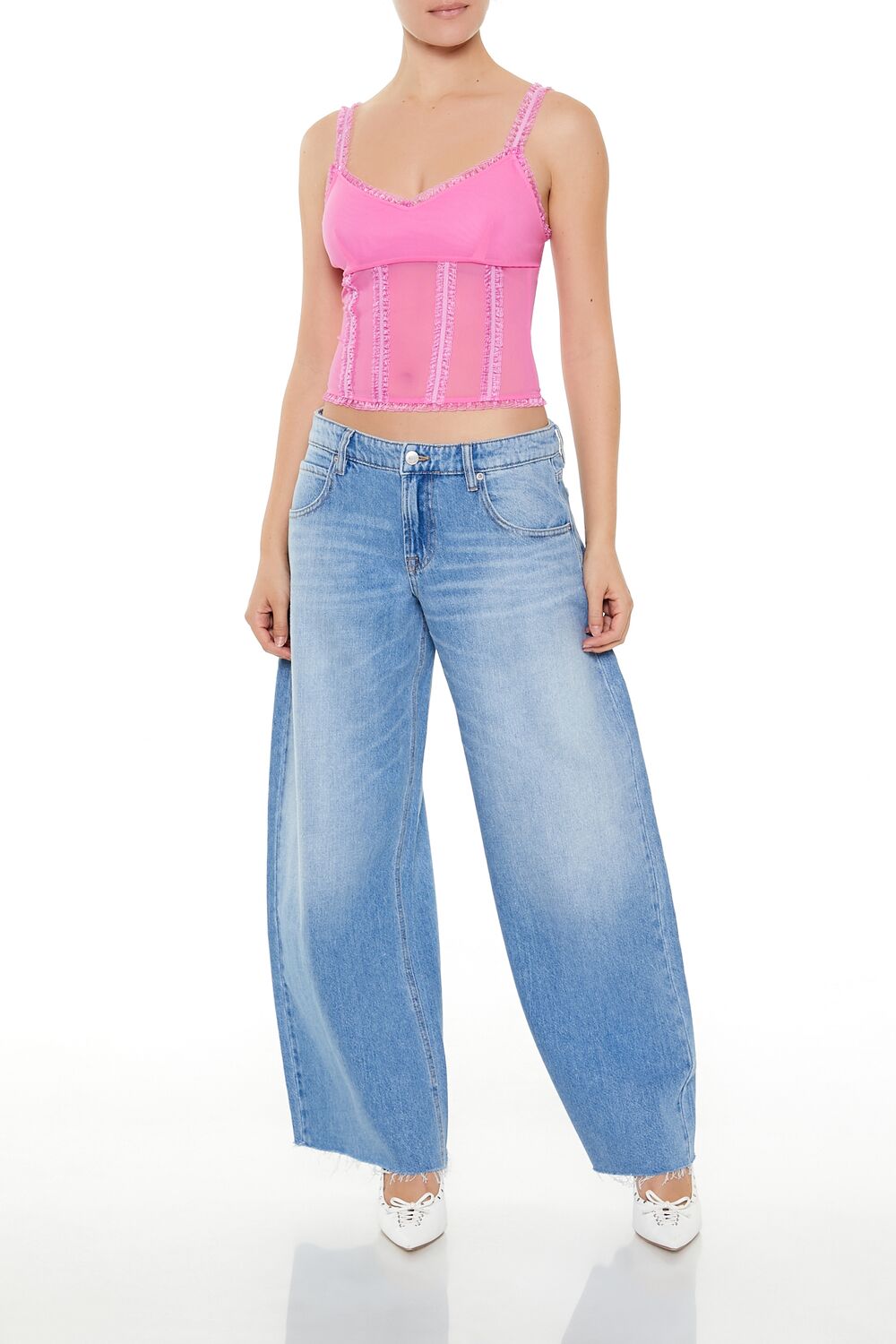  Forever 21 Mesh Ruffle-Trim Cropped Cami - azalea - Bonton