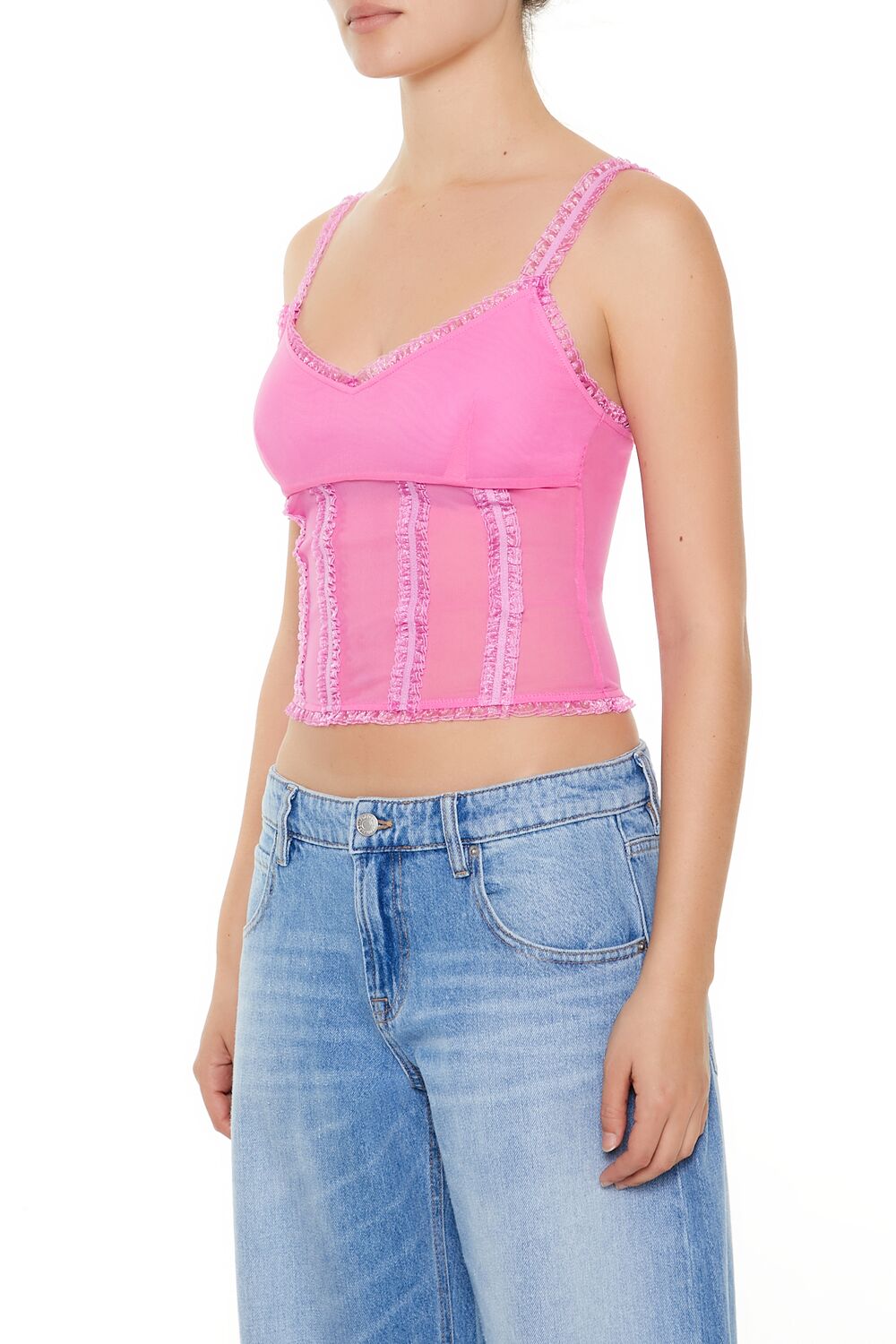  Forever 21 Mesh Ruffle-Trim Cropped Cami - azalea - Bonton