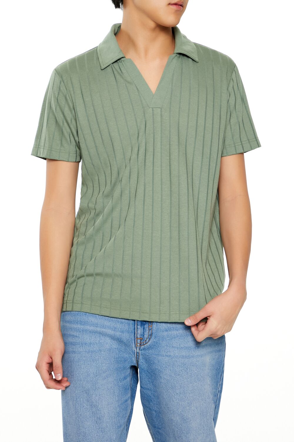  Forever 21 Striped Split-Neck Polo Shirt - sage - Bonton