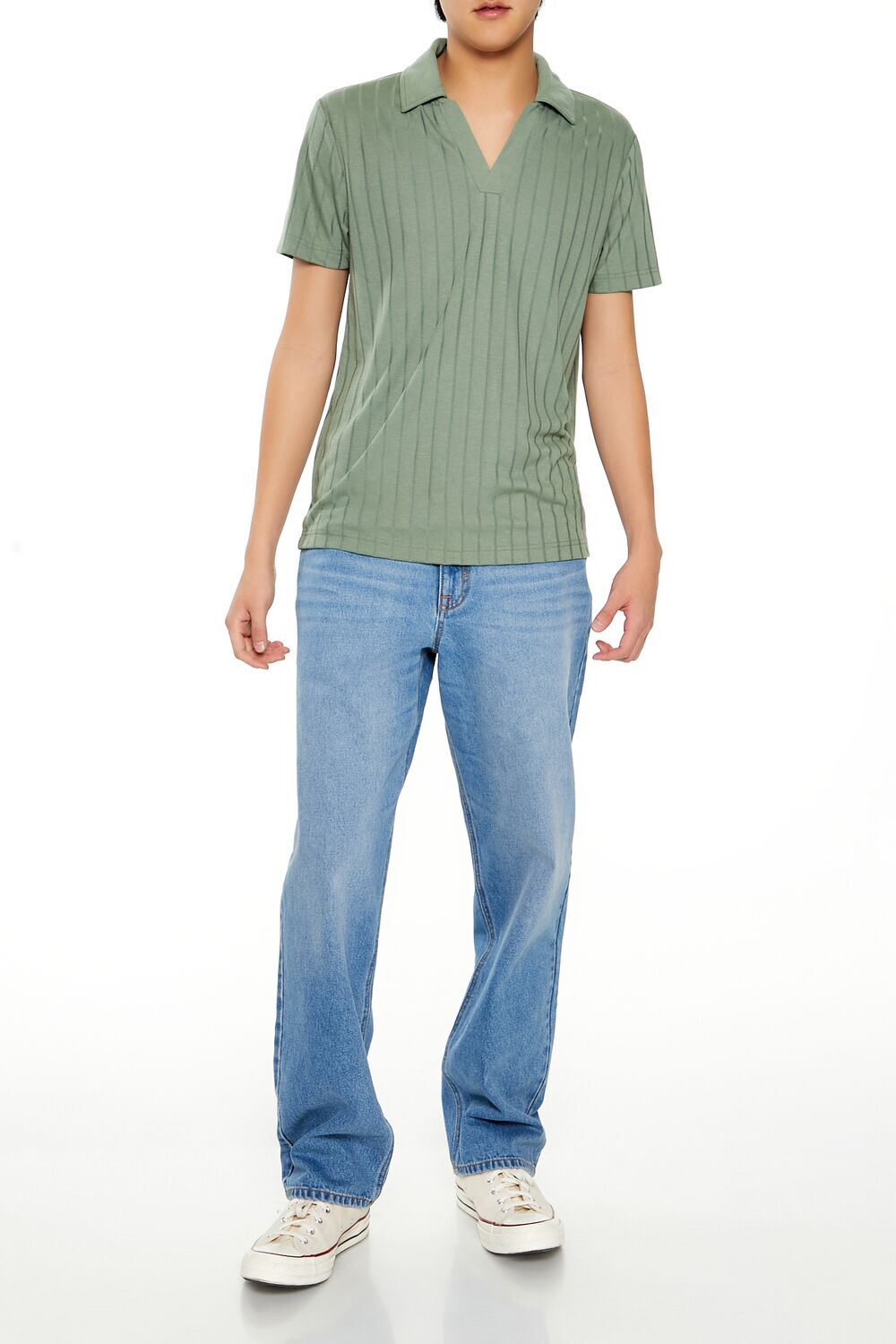  Forever 21 Striped Split-Neck Polo Shirt - sage - Bonton