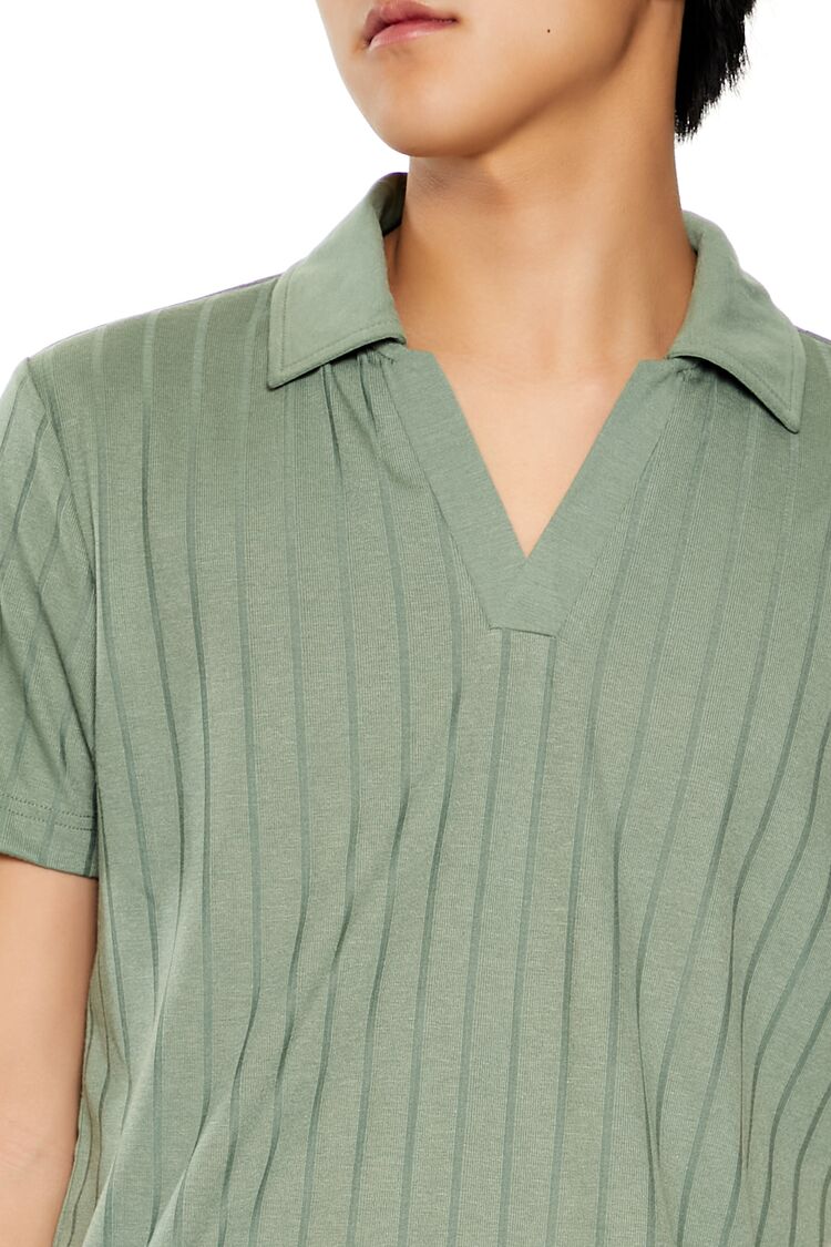  Forever 21 Striped Split-Neck Polo Shirt - sage - Bonton