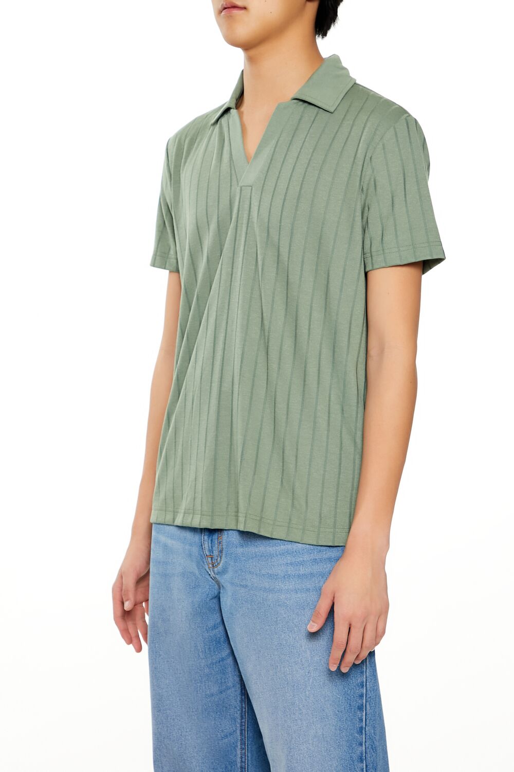  Forever 21 Striped Split-Neck Polo Shirt - sage - Bonton