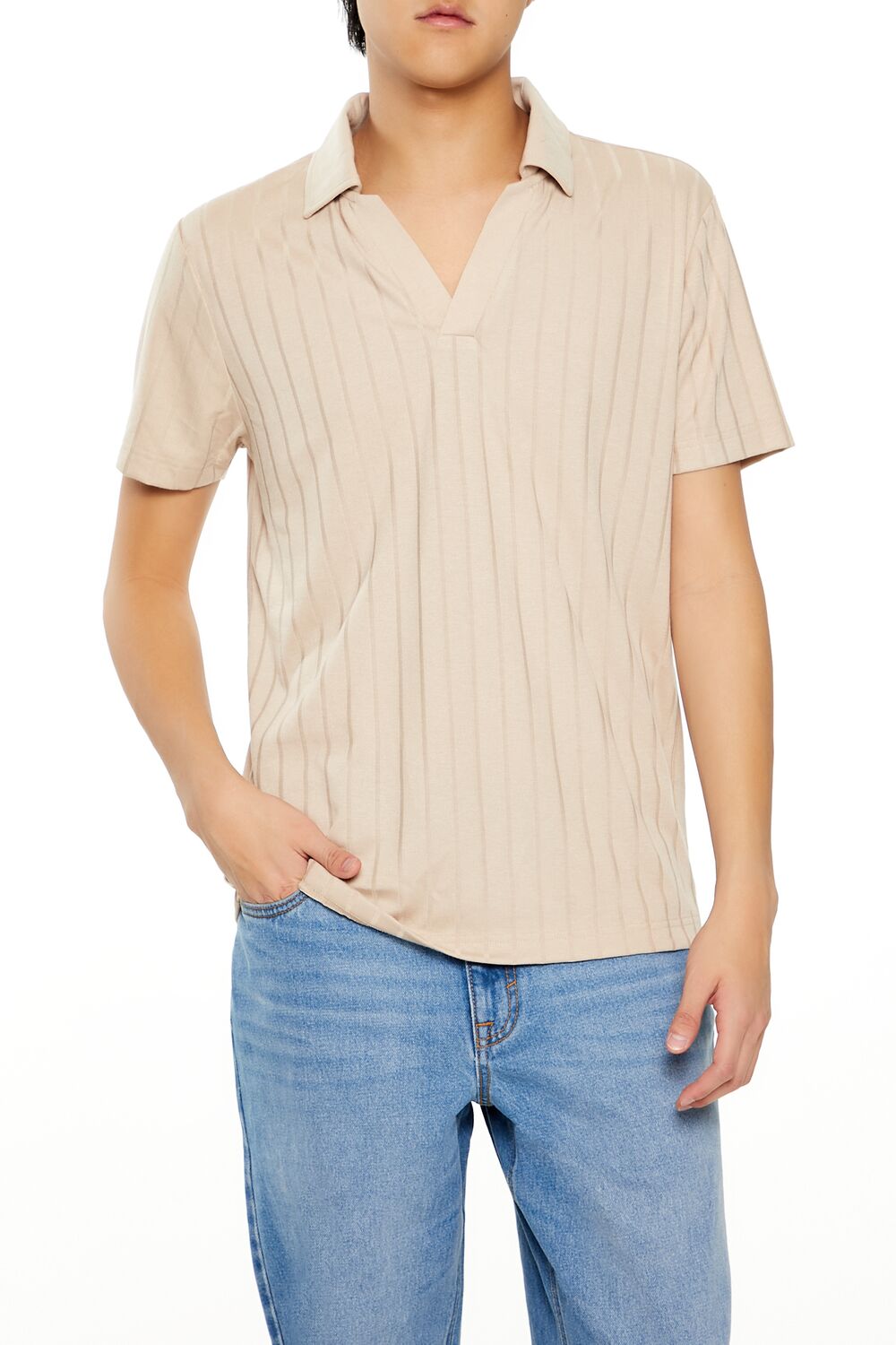  Forever 21 Striped Split-Neck Polo Shirt - sage - Bonton