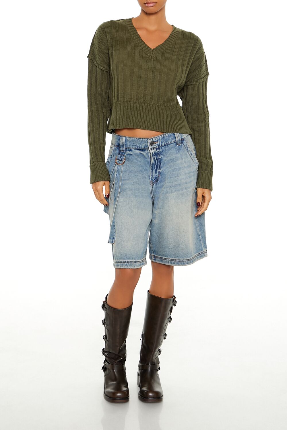  Forever 21 Chunky Knit Cropped Sweater - olivine - Bonton