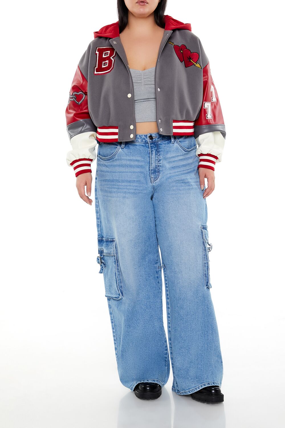  Forever 21 Plus Size Baby Girl Varsity Jacket - grey-red-swatch - Bonton
