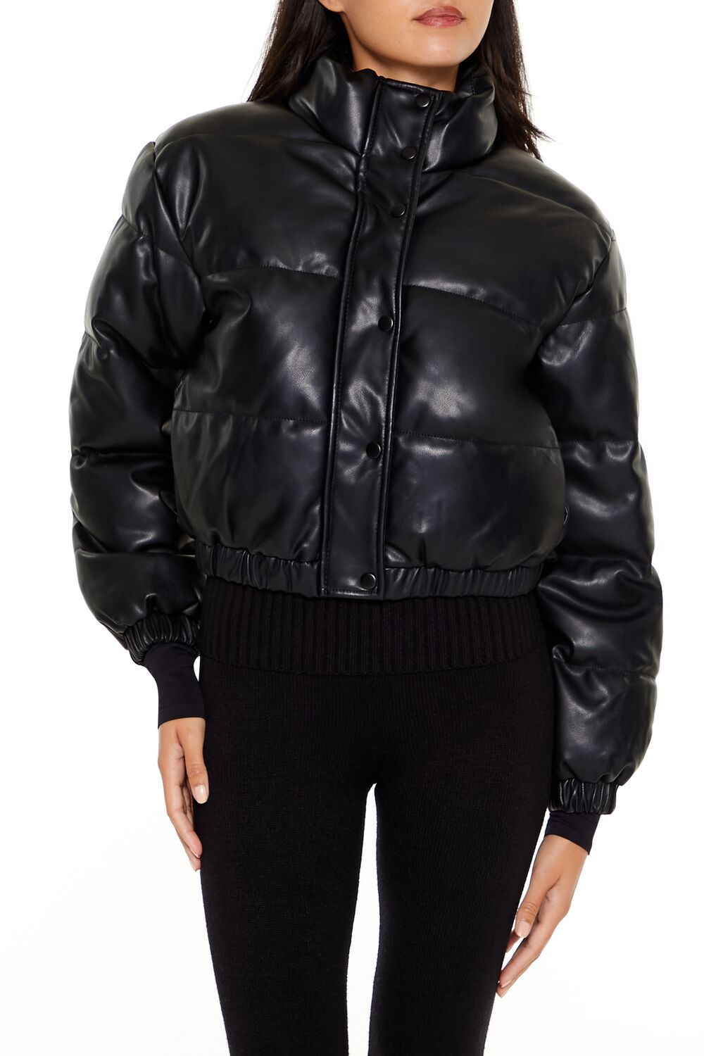  Forever 21 Quilted Faux Leather Bomber Jacket - black-swatch - Bonton