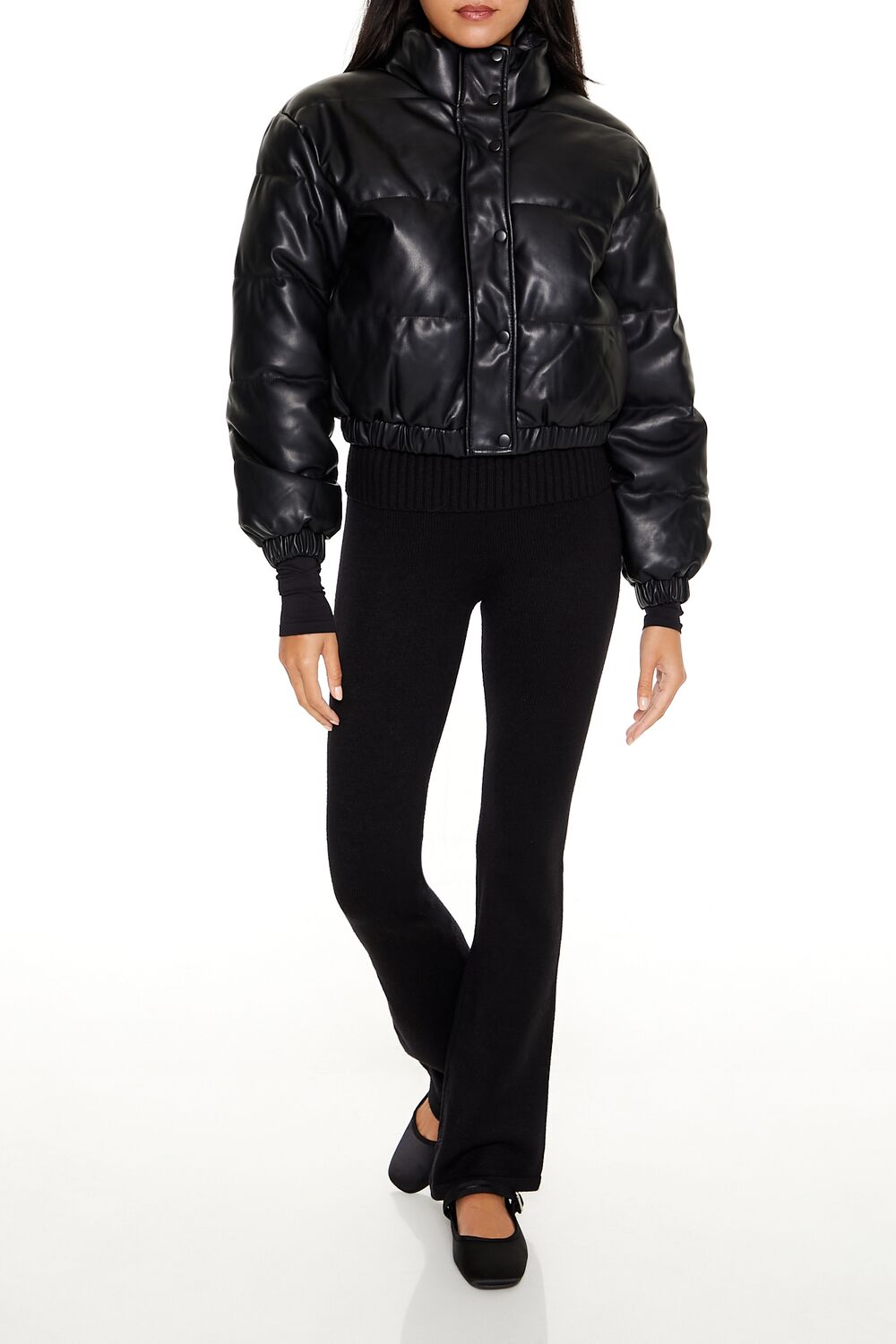  Forever 21 Quilted Faux Leather Bomber Jacket - black-swatch - Bonton
