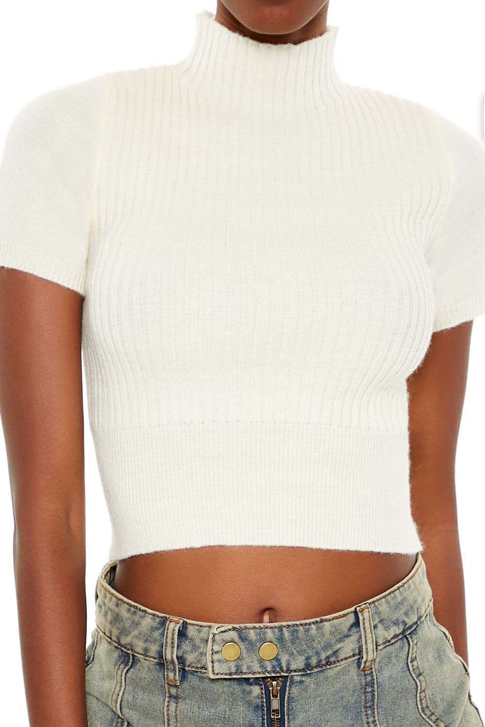  Forever 21 Sweater-Knit Mock Neck Crop Top - cream - Bonton