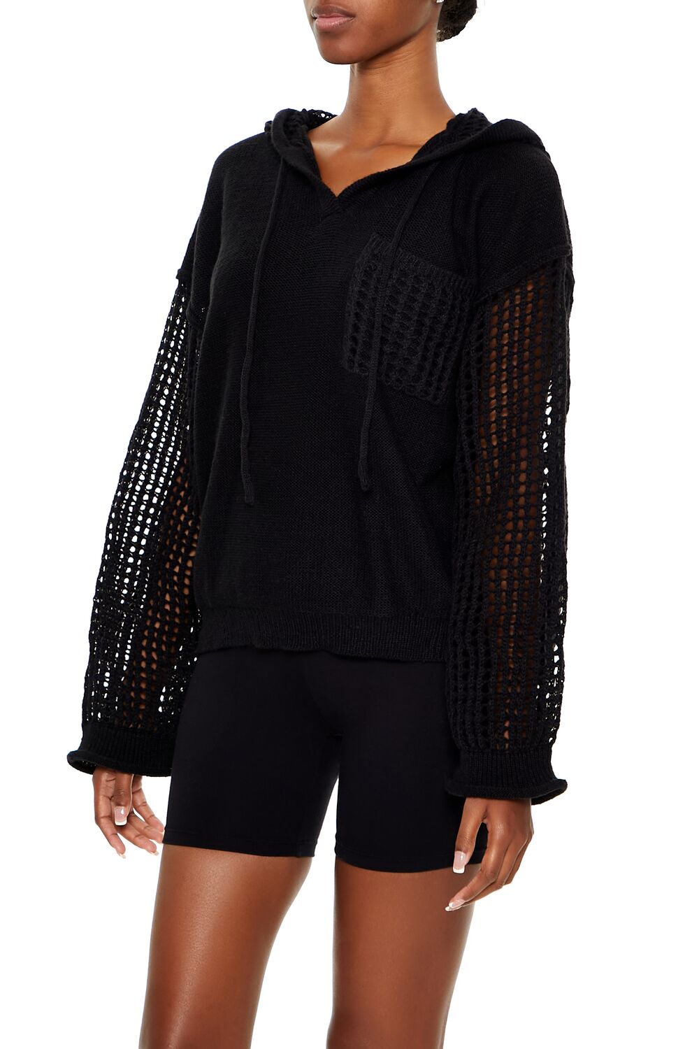  Forever 21 Open-Knit Netted Hoodie - black - Bonton
