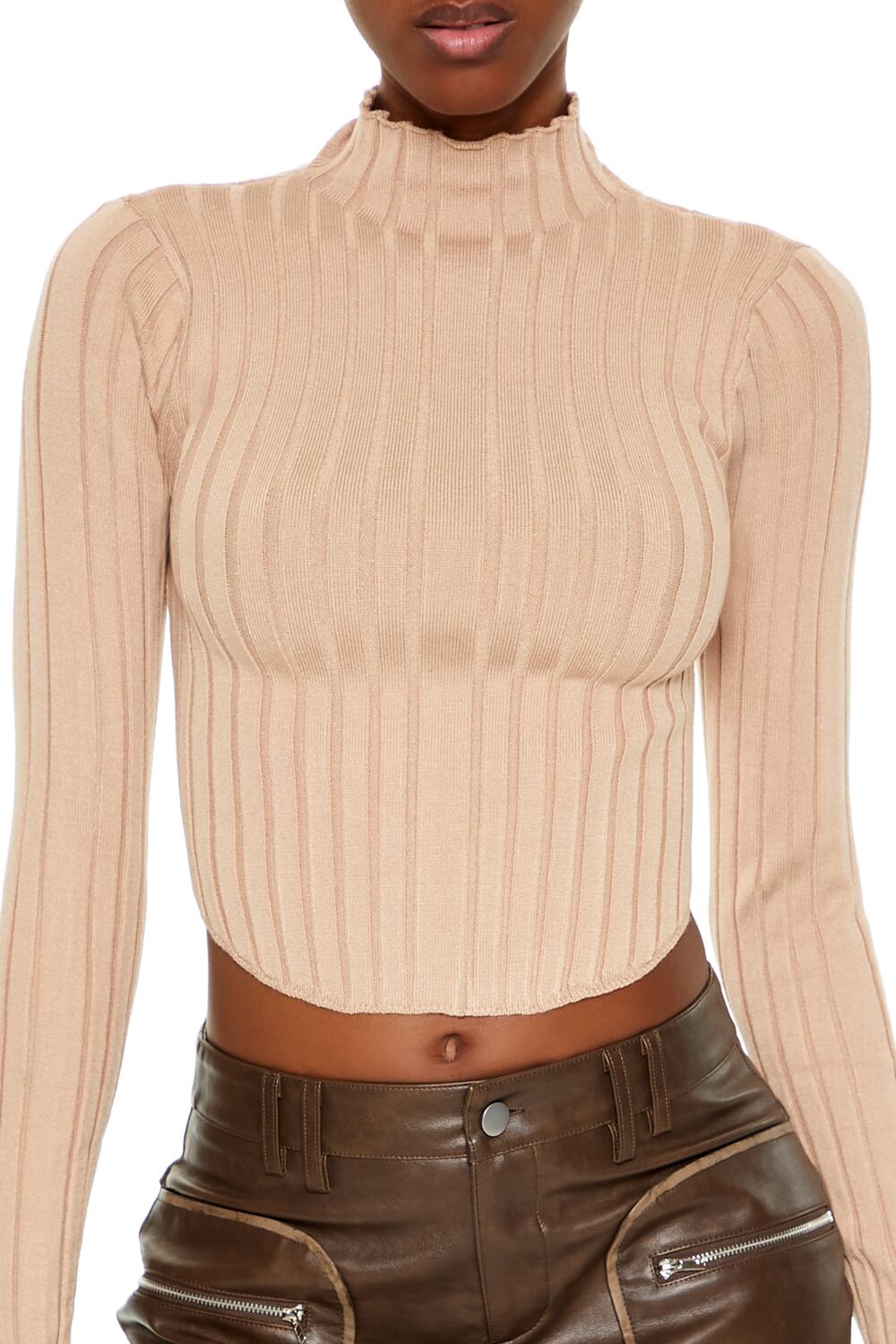  Forever 21 Ribbed Lettuce-Edge Crop Top - taupe - Bonton