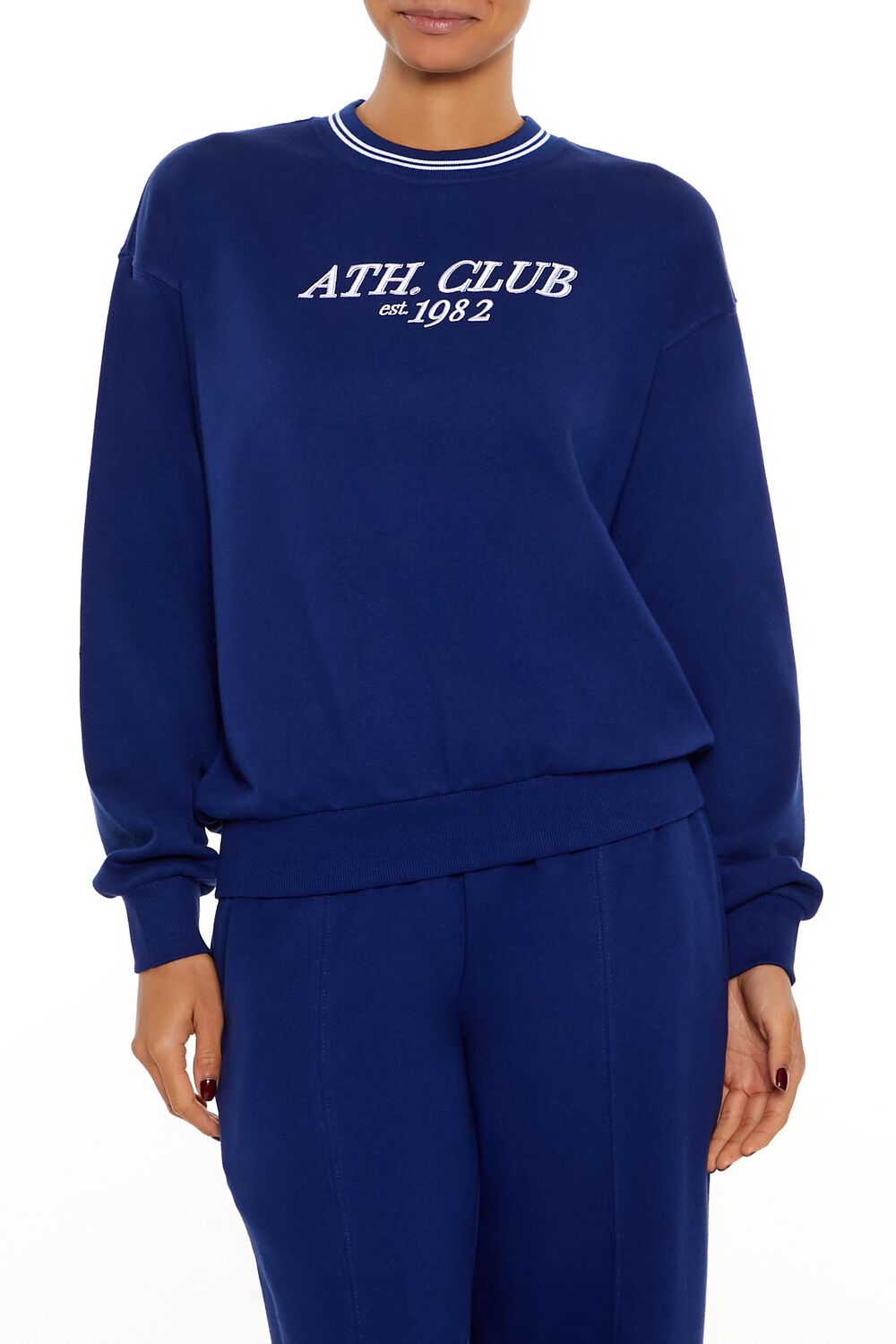  Forever 21 Fleece Varsity-Striped Pullover - dark navy multi - Bonton