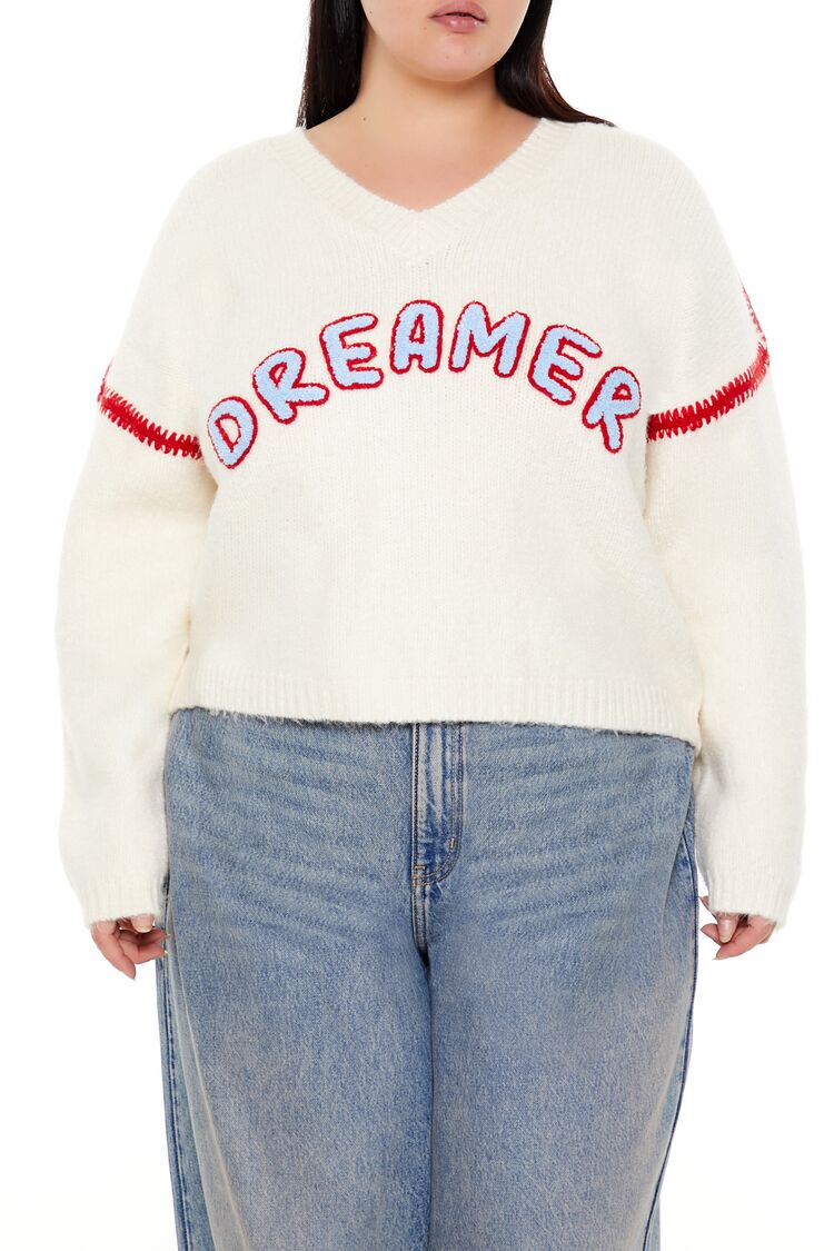  Forever 21 Plus Size Dreamer Fuzzy Knit Sweater - cream multi - Bonton