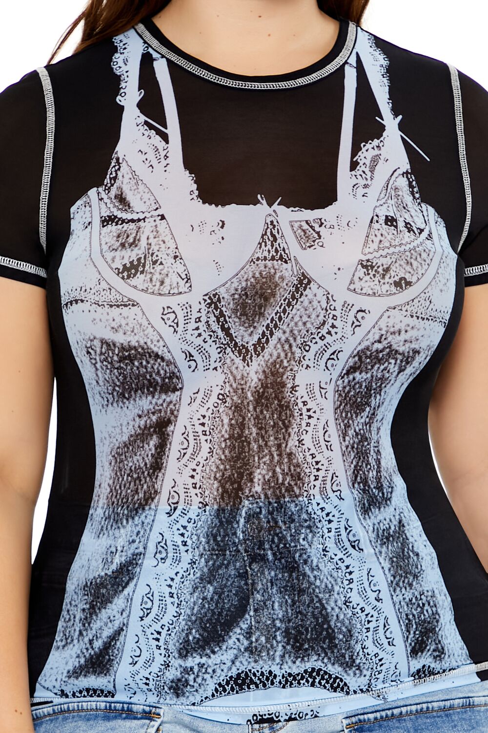  Forever 21 Plus Size Bustier Graphic Baby Tee - black multi - Bonton