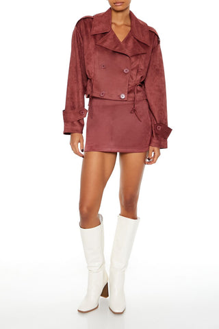 Faux Suede Cropped Trench Coat
