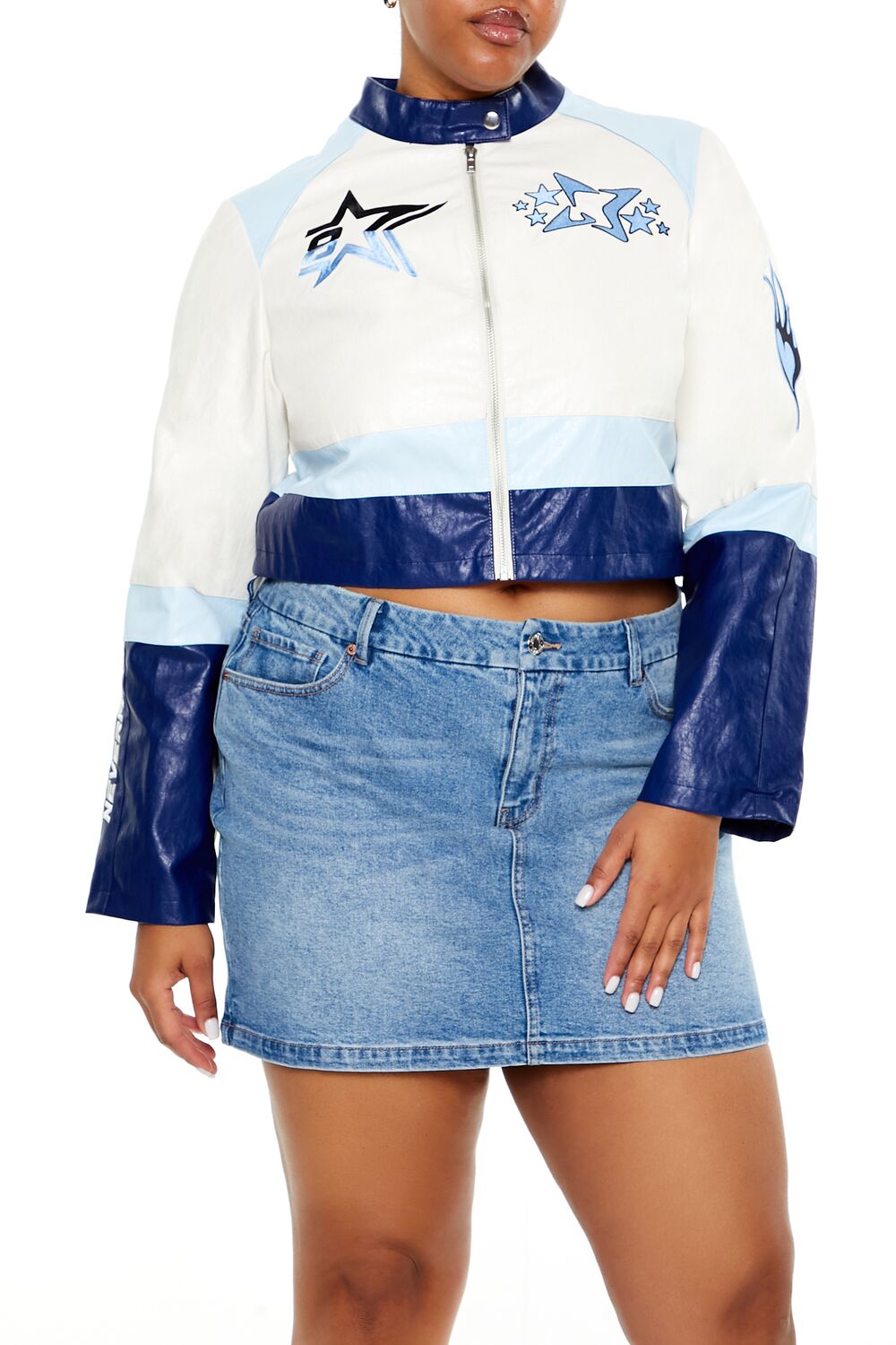  Forever 21 Plus Size Flaming Heart Moto Jacket - blue - Bonton